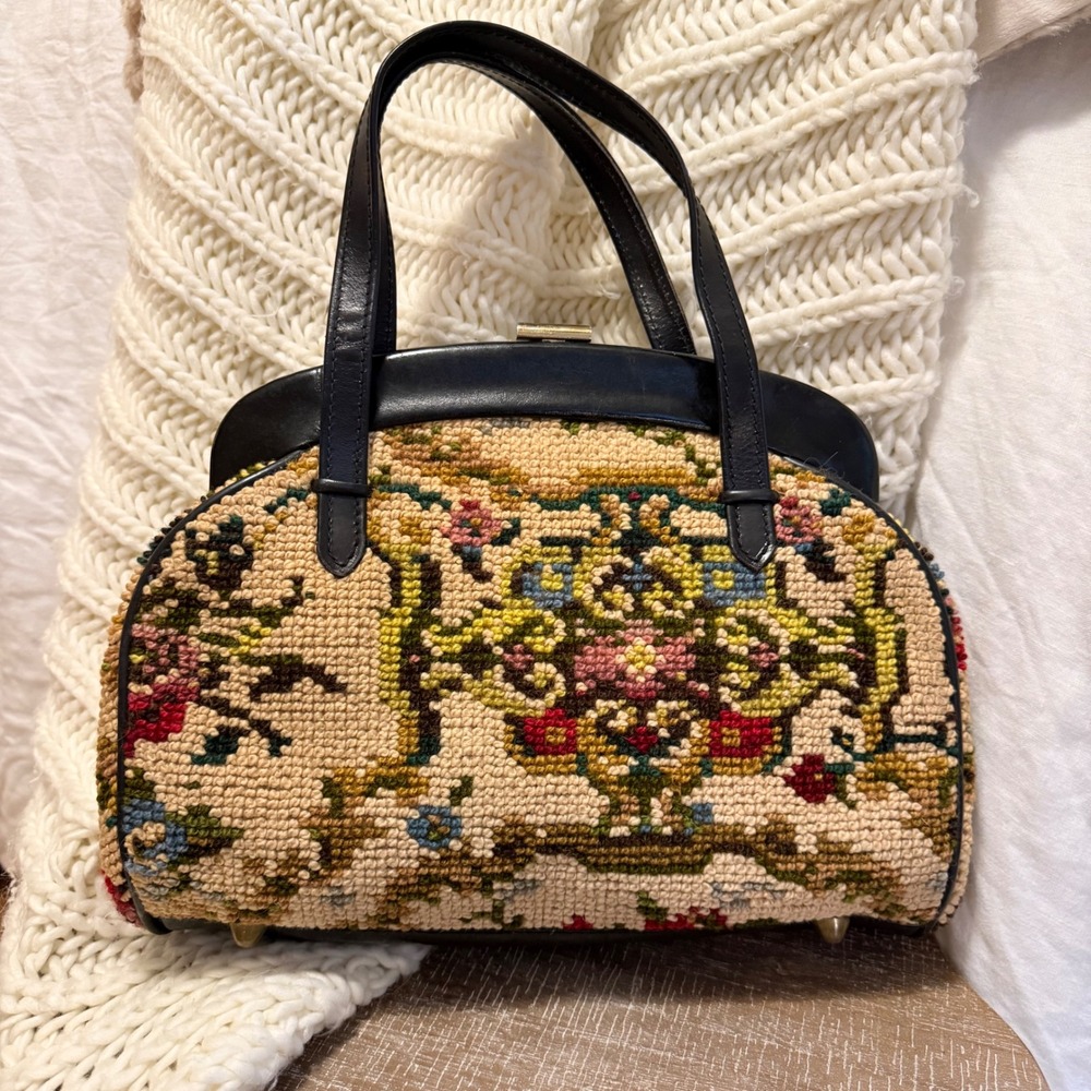 Vintage Jana Made in Italy Tapestry Floral Needlepoint Handbag Black Leather OS